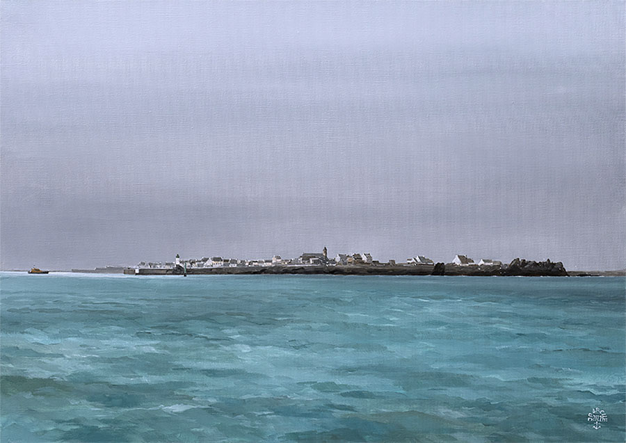 Réf. H-22.014 - Petite brume de bienvenue pour l'arrivée sur l'île de Sein. Huile sur toile 65x46 cm - 1500 €