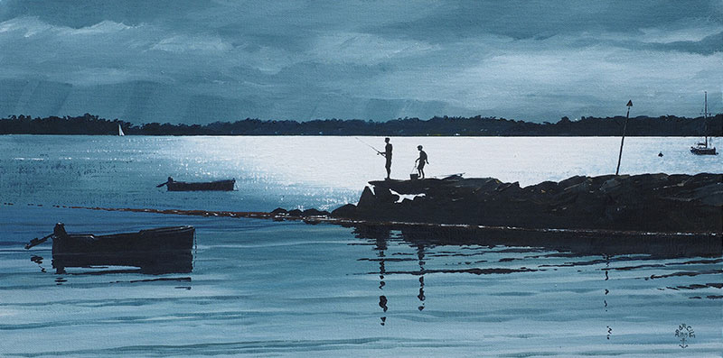 Réf. H-15.040 - Les petits pêcheur du Goret. Ile aux Moines. Huile sur toile 60x30 cm - Col. Particulière