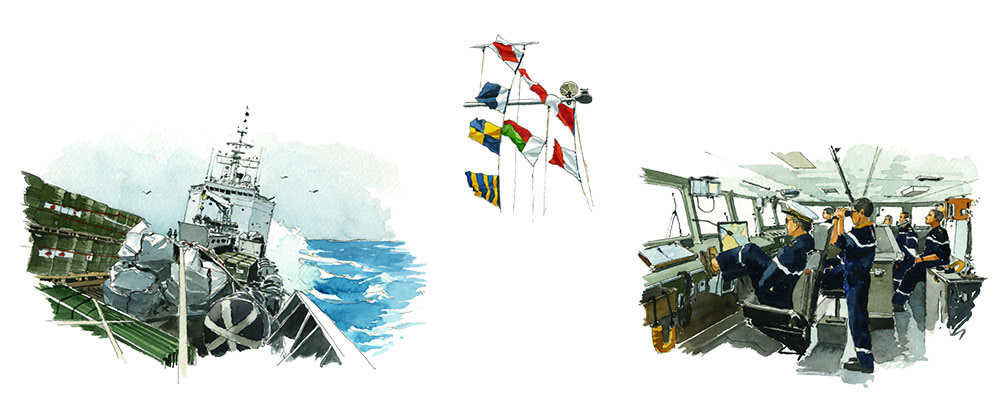 Réf. A-16.006 - Planche La Grandière en TRDI - A bord du La Grandière à la mer. Aquarelle 50x23 cm