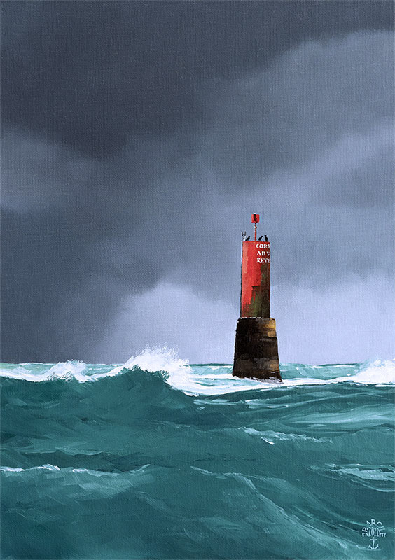 Réf. H-22.008 - La tourelle "Cornoc Ar Vas Nevez" dans le Raz de Sein. Huile sur toile 33x46 cm - 800 €