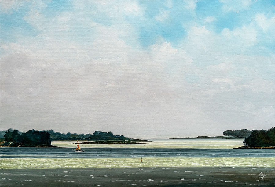 Réf. H-24.006 - L'entrée du Golfe vue des hauteurs du Greignion sur l'île aux Moines. Huile sur toile 73x50 cm. 1700 €