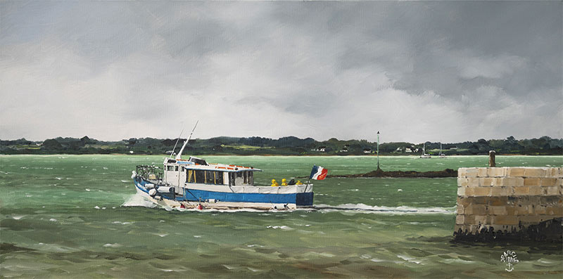 Réf. H-20.003 - La "Vigilante" lors d'une fraîche traversée vers Port-Blanc dans les années 85. Huile sur toile 30x60 cm - Col. particulière