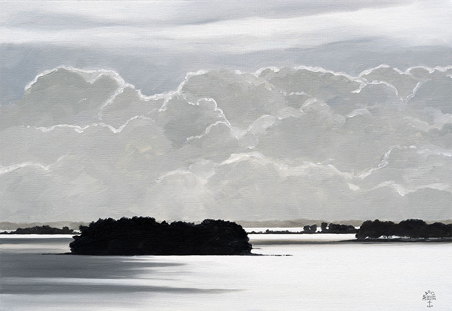 Réf. H-21.003 - Les arabesques nuageuses. Le Golfe vu de Port-Miquel. Ile aux Moines. Huile sur toile 55x38 cm - Col. Particulière