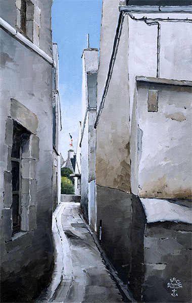 Réf. H-22.041 - Vers la mairie de l'île de Sein. Huile sur toile 24x35 cm - 450 €