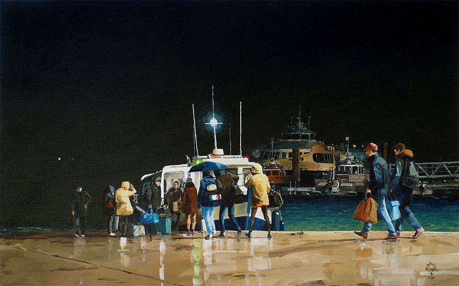 Réf. H-15.034 - Embarquement sur le passeur l'hiver. Port-Blanc. Huile sur toile 61x38 cm - Col. Particulière