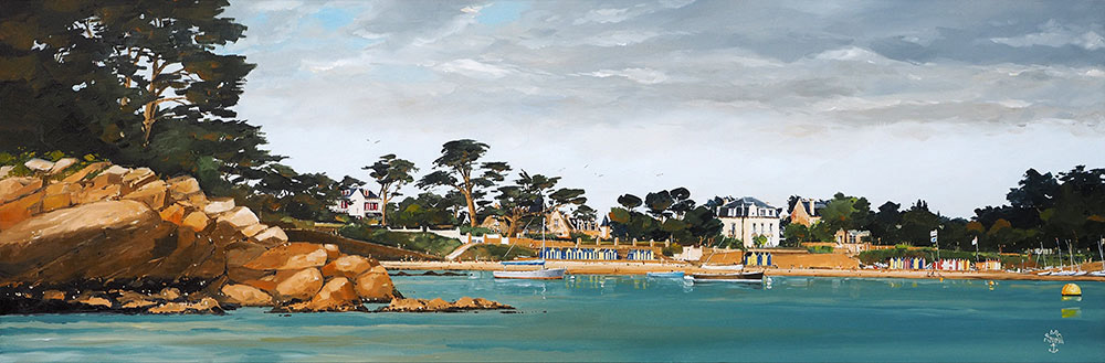 Réf. H-19.001 - Fin de journée sur la Grand' plage, Ile aux Moines. Huile sur toile 120x40 cm - Col. Particulière