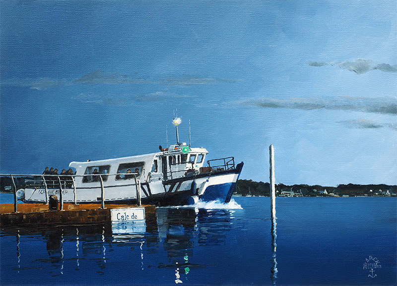 Réf. H-18.064 - Le passeur "Ile aux Moines" devant la cale de... Huile sur toile 46x33 cm - Col. particulière