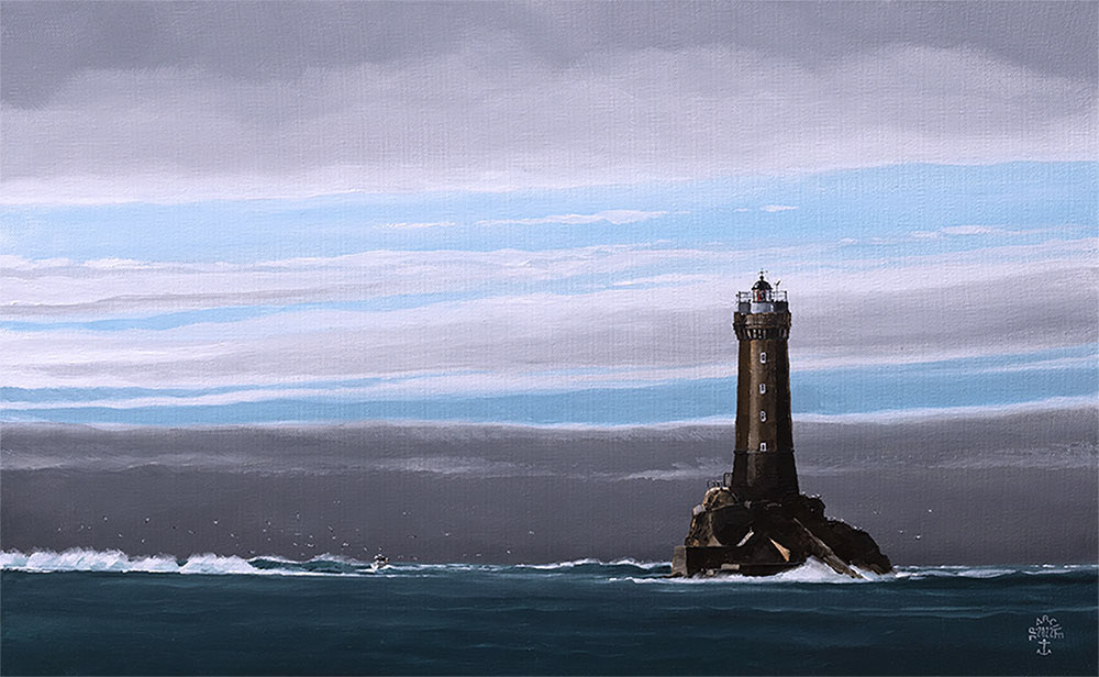Réf. H-22.004 - La face cachée du phare de la Vielle, Raz de Sein. Huile sur toile 61x38 cm - 1100 €