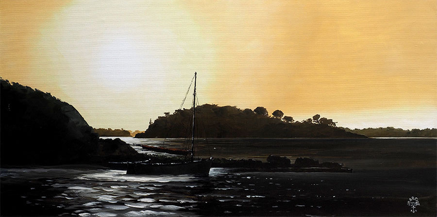 Réf. H-18.016 - Contre-jour sur l'épis du Goret, Ile aux Moines. Huile sur toile 80x40 cm - Col. Particulière