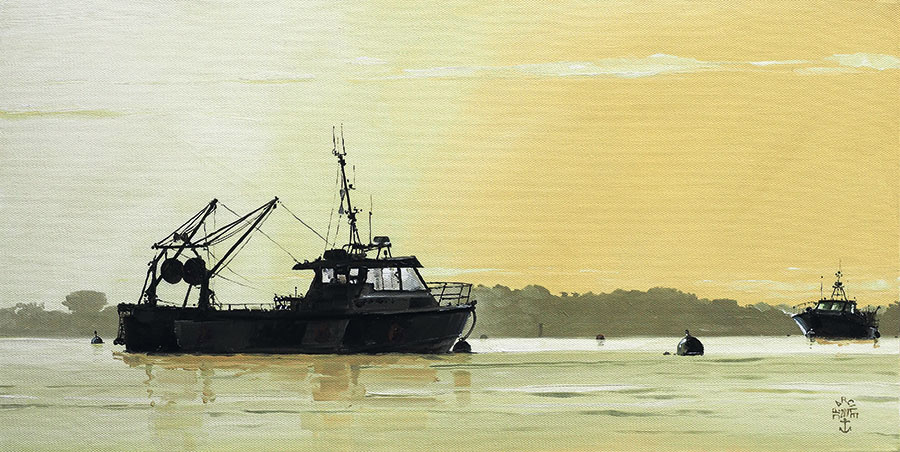 Réf. H-17.048 - "L'espoir du Marin" à son mouillage - Ile aux Moines. Huile sur toile 60x30 cm - Collection particulière