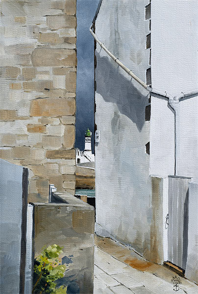 Réf. H-22.036 - La meutrière de la rue Gradlon, île de Sein. Huile sur toile 24x35 cm - Col. particulière