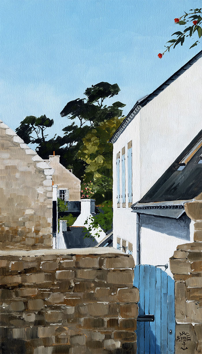 Réf. H-21.002 - Perspectives au Toulpry. Ile aux Moines. Huile sur toile 27x46 cm - Col. Particulière