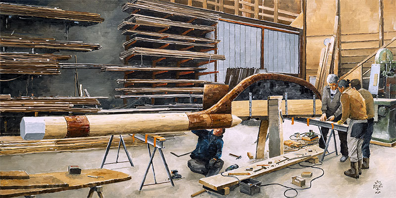 Réf. H-24.015 - Le safran de la "Belle Poule" en rénovation au Chantier du Guip à Brest. Huile sur toile 80x40 cm. 1500 €