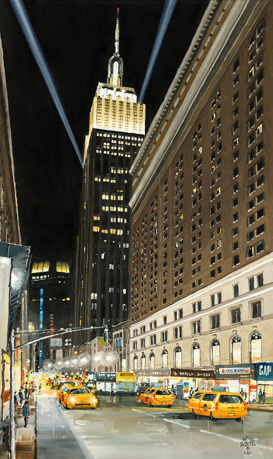 Réf. H-19.004 - L'Empire State Building de nuit.Manhattan, New-York. Huile sur toile 35x55 cm - Col. Particulière