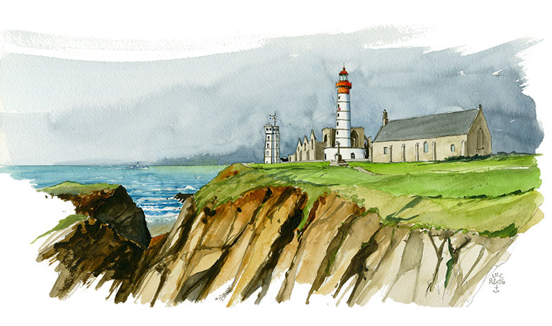 Réf. A-13.051 - Le phare et le sémaphore de la Pointe St-Mathieu. Aquarelle 31x17 cm - Col. Particulière