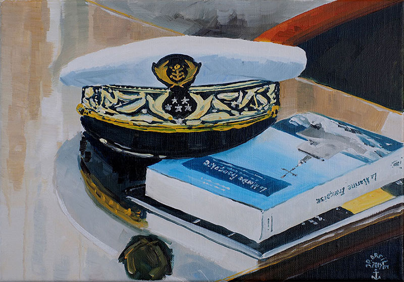 Réf. H-15.002 -Hôtel de la Marine, rue Royale, Paris.  La casquette du chef d"état major de la marine. Huile sur toile 35x24 cm - Col. Particulière