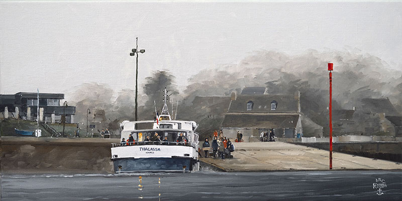 Réf. H-20.012 - Embarquement dans le frais à Port-Blanc. Huile sur toile 60x30 cm - 950 €