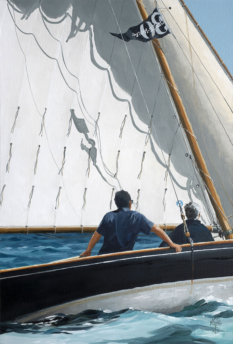 Réf. H-19.019 - "Maïta" en régate. Huile sur toile 38x55 cm - Collection particulière
