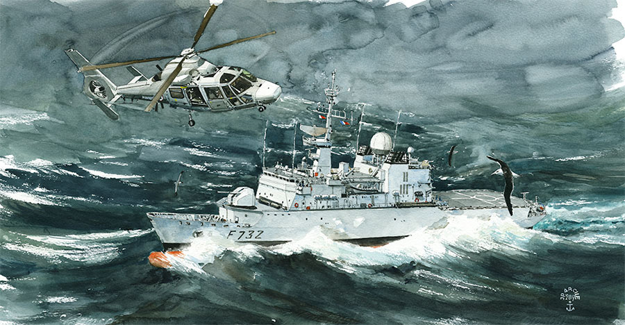 Réf. A-17.013 - La FS Nivôse dans les mers du sud. Aquarelle 44 x 23 cm