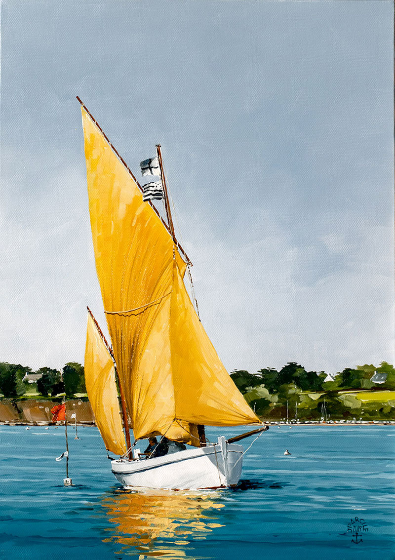 Réf. H-19.028 - "Fal Ben", borneur du Golfe du Morbihan. Huile sur toile 33x46 cm - Col. Particulière
