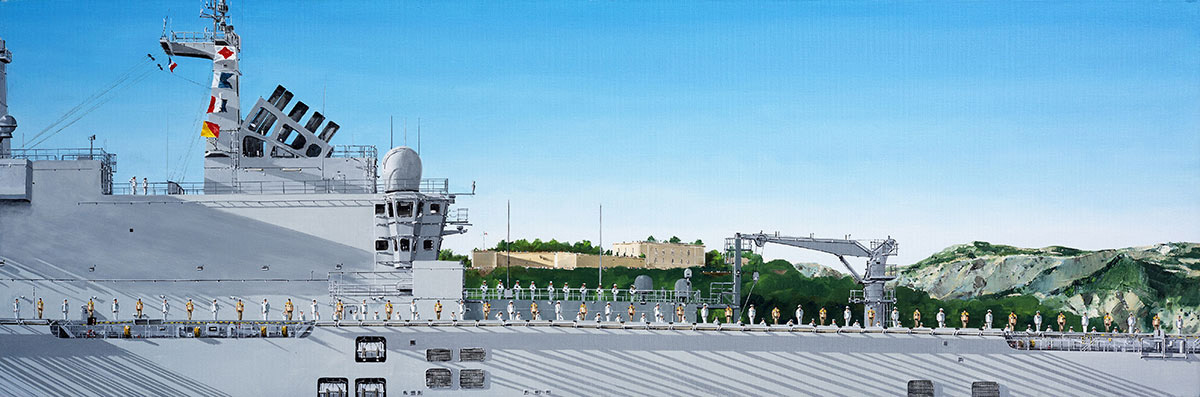 Réf. H-14.033 - Revue navale, poste de bande sur le Tonnerre. Huile sur toile 120x40 cm