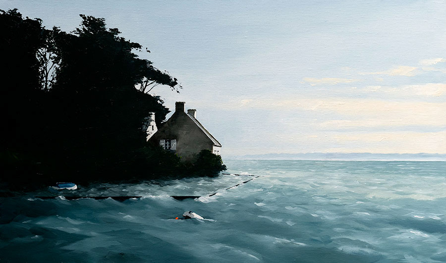 Réf. H-24.017 - La maison de la Pierre Noire les pieds dans l'eau. Sur-cote du 28 oct. 2023. Ile aux Moines. Huile sur toile. 55x33 cm. Col. particulière