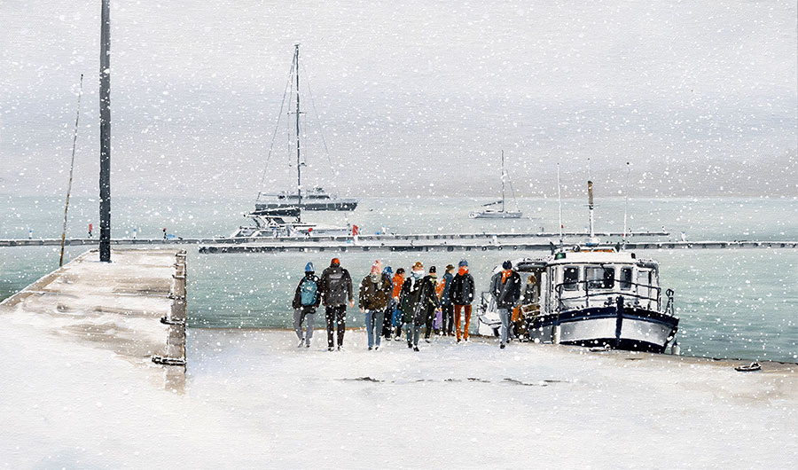 Réf. H-21.008 - Passage d'hiver sous la neige. Ile aux Moines. Huile sur toile 55x33 cm - Col. Particulière