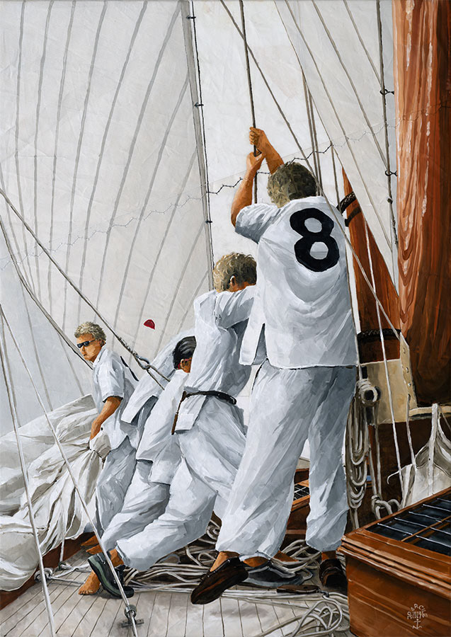 Réf. H-23.020 - En régate sur "Moonbeam 8" - 8 - Huile sur voile 46x65 cm - 1650 €
