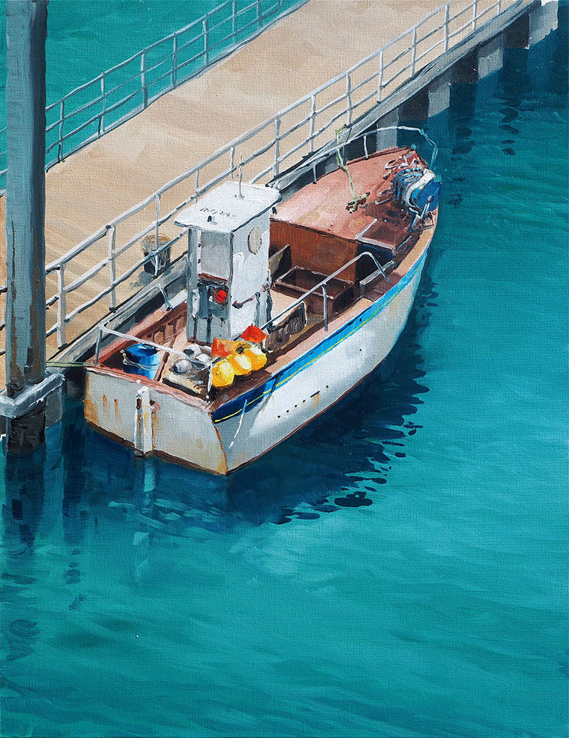 Réf. H-16.011 - Pinasse au ponton - Port de St-Quay-Portrieux. Huile sur toile 46x62 cm