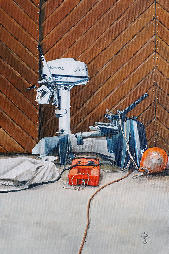 Réf. H-15.038 - Deux moteurs au Chantier du Guip, Ile aux Moines. Huile sur toile 27x41 cm - Col. Particulière