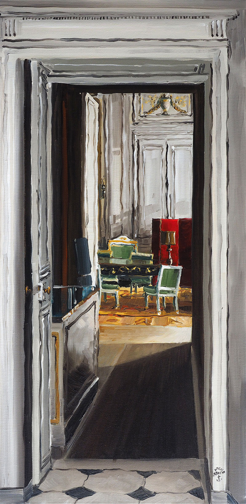 Réf. H-14.044 -Hôtel de la Marine, Paris - Cabinet d'audience du surintendant Thierry, ou chambre des ministres. Huile sur toile 40x80 cm - Col. particulière