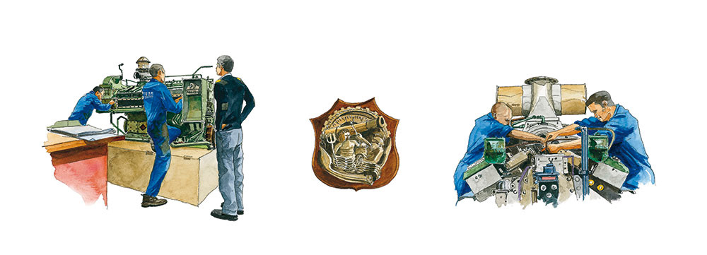 Réf. A-13.035 - CIN St-Mandrier. Instruction Hall Moteur, Ecusson CIN. Aquarelle 50x20 cm