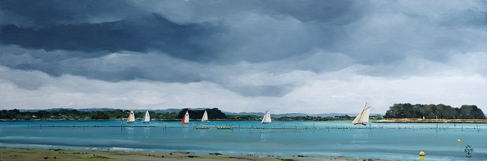 Réf. H-17.056 - Les parcs devant Port-Miquel - Ile aux Moines. Huile sur toile 90x30 cm - Col. particulière