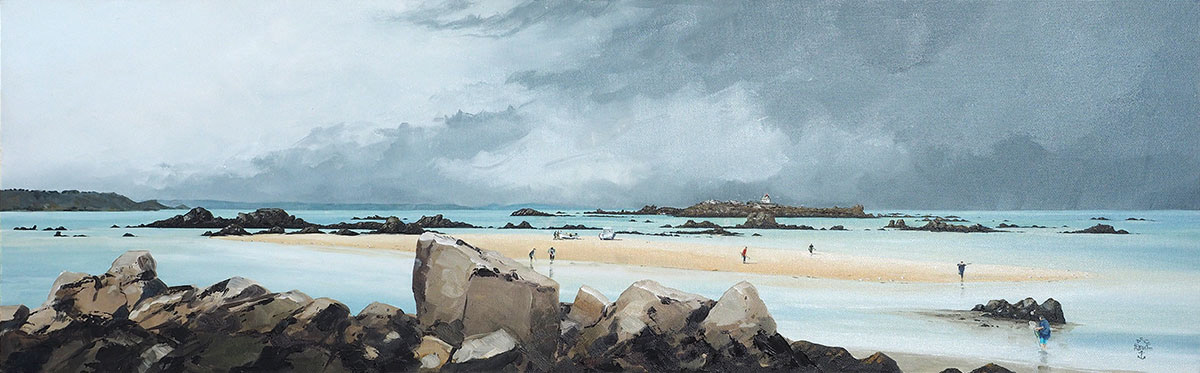 Réf. H-16.019 - Les îles de St-Quay et l'île Harbour vues de l'Herflux - St-Quay-Portrieux. Huile sur toile 120x40 cm - Col. particulière