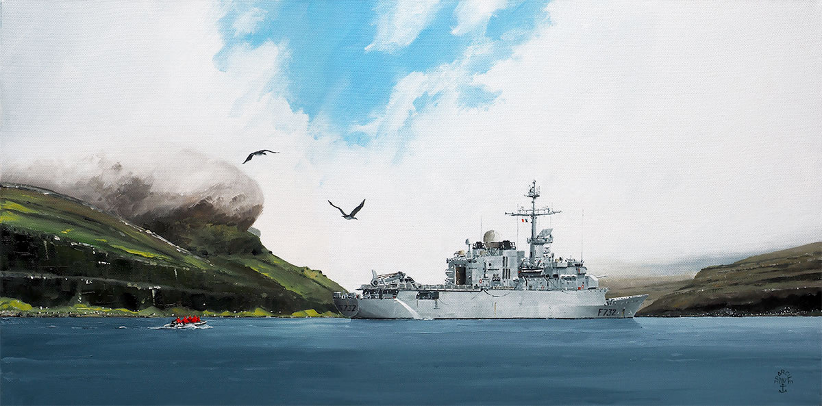 Réf. H-17.014-La frégate "Nivôse" au mouillage baie de l'Oiseau. Archipel des Kerguelen. Huile sur toile 80 x 40 cm. Col. Particulière