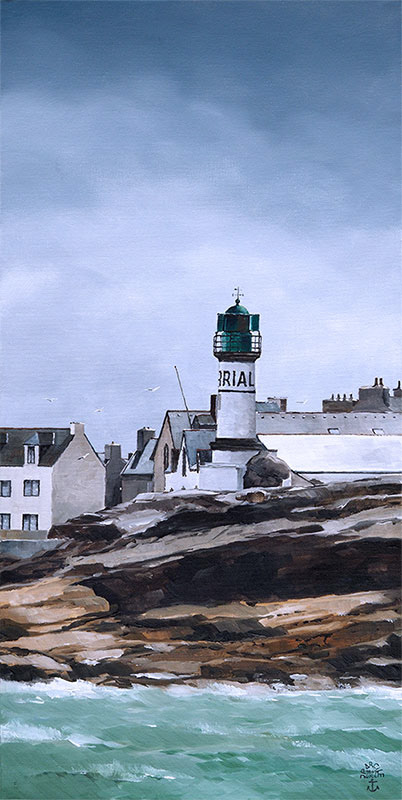 Réf. H-22.012 - L'impassible Men-Brial assis sur son rocher, île de Sein. Huile sur toile 30x60 cm - 900 €