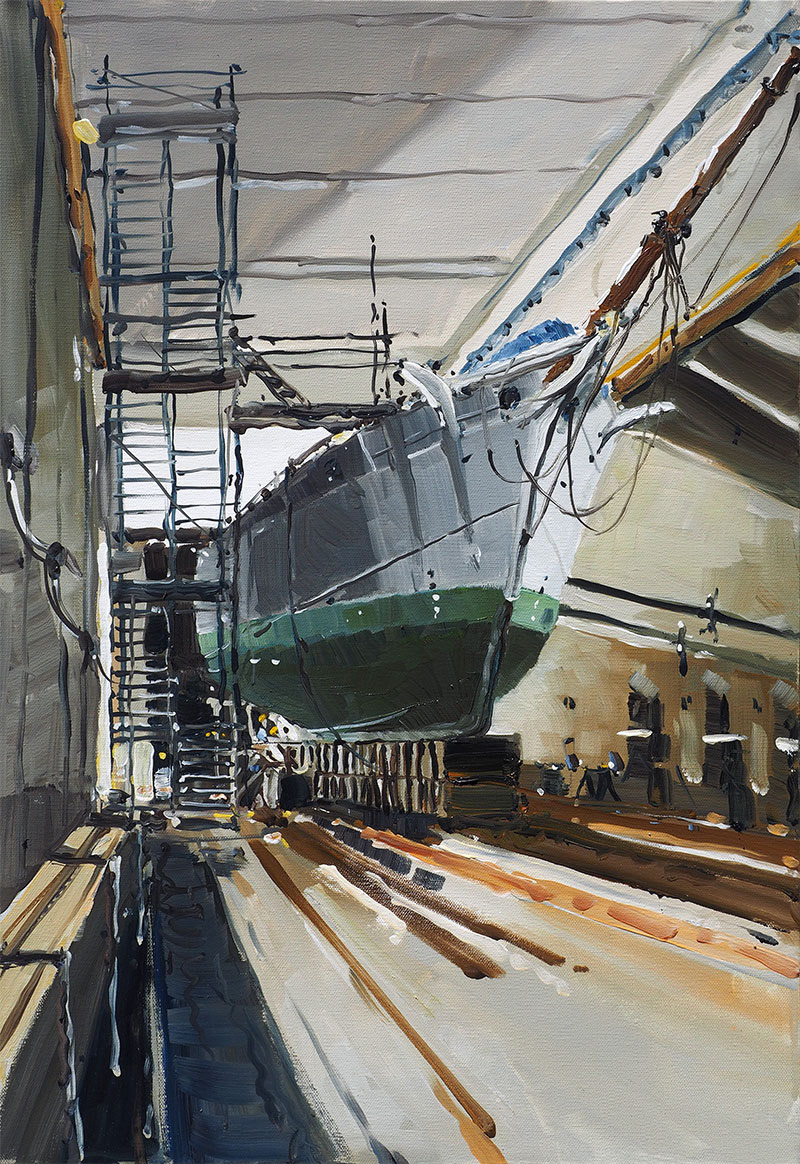 Réf. H-17.001 - La Belle-Poule 3/4 avant en forme de radoub dans l'ancienne base sous-marine de Brest. Huile sur toile réalisée sur le motif 50x73 cm - 2017 - 1700 €