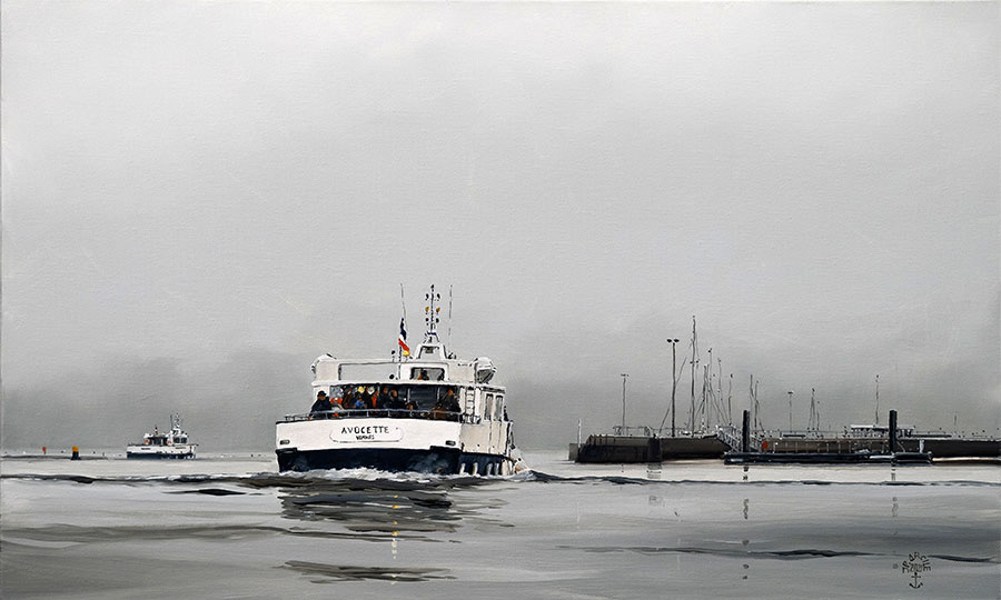 Réf. H-20.008 - Arrivée de l"Avocette" à l'île aux Moines. Huile sur toile 55x33 cm - Col. particulière