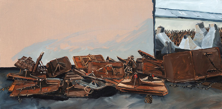 Réf. H-16.010 - Les panneaux de chalut derrière la cirée de St-Quay-Poertriaux. Huile sur toile 80x40 cm