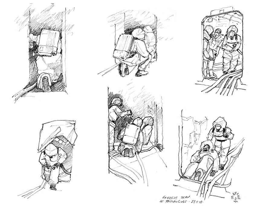 Crayonnés FASM Primauguet. Evacuation de blessés peCrayonnés FASM Primauguet. Exerciece secundant un poste de combat