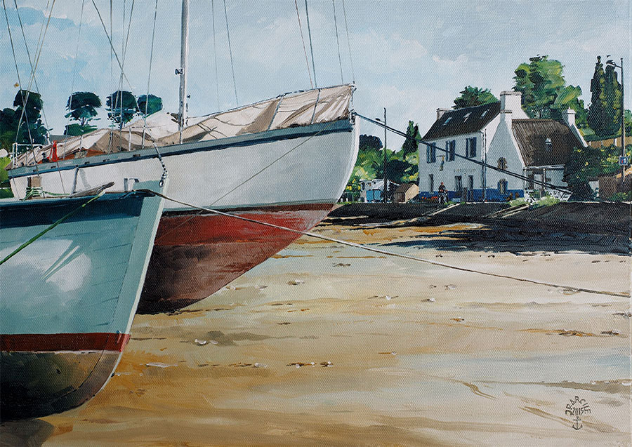 Réf. H-15.044 - Compagnons d’hivernage pour «Chez Charlemagne» - Ile aux Moines. Huile sur toile 46x33 cm - Col. Particulière