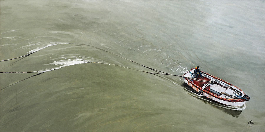 Réf. H-18.005 - Lamaneur en Loire. Huile sur toile 80x40 cm - Col. Particulière