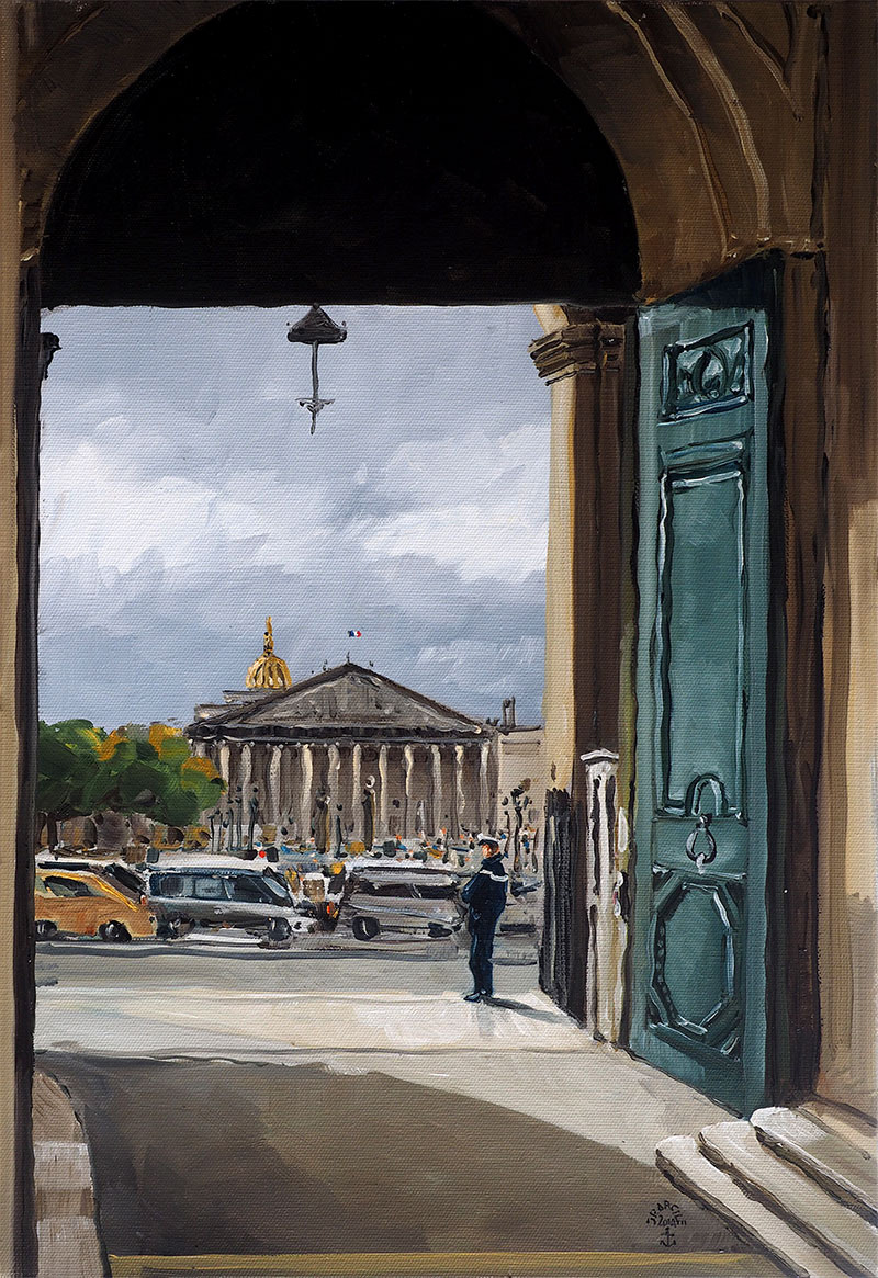 Réf. H-14.046 -Hôtel de la Marine, Paris - L'accés des véhicules, 1 place de la Concorde. Huile sur toile 33x55 cm - Col. particulière