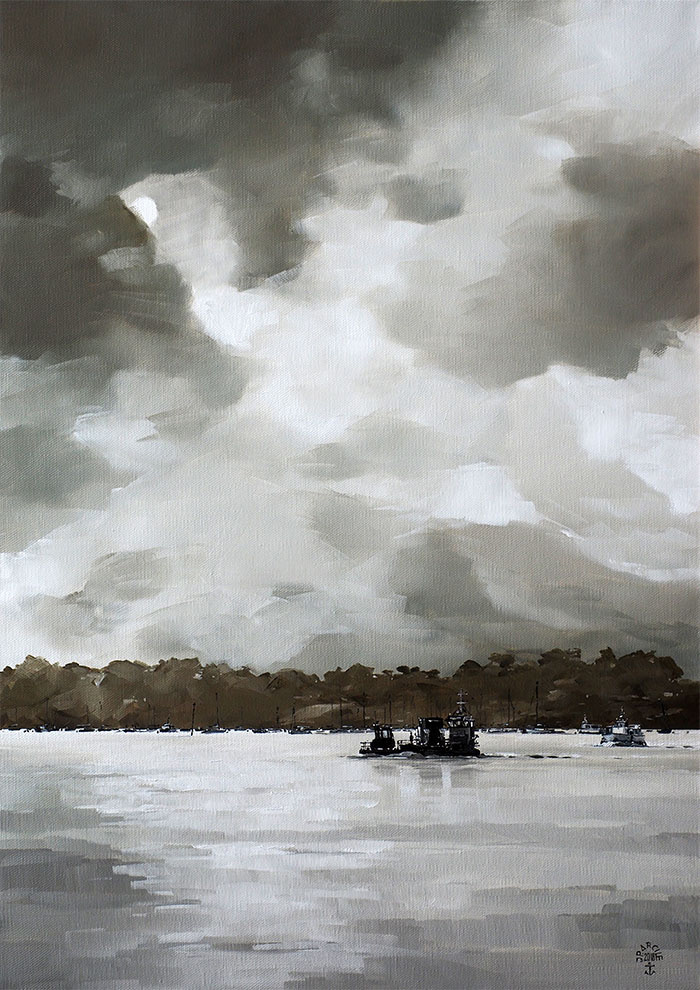 Réf. H-18.020 - Passage de la barge sous un ciel cuivré, Ile aux Moines. Huile sur toile 46x65 cm - Col. Particulière
