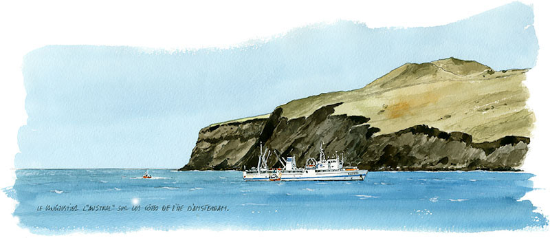Le langoustier l"Austral" sur les côtes de l'Île d'Amsterdam. Aquarelle 27 x 11 cm - 2017 - Col. Particulière