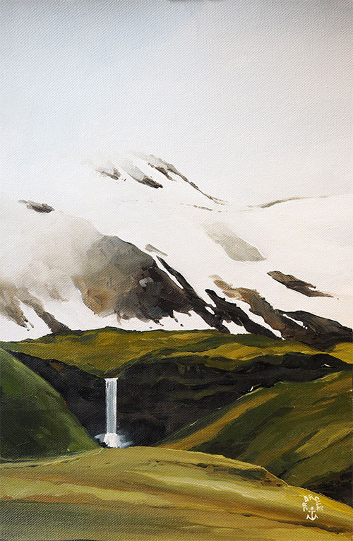 Réf. H-18.049 - Chutes aux pied du Mont Snaefellsjökull, péninsule de Snaefellsnes, (Islande). Huile sur toile 22x32 cm - Col. Particulière