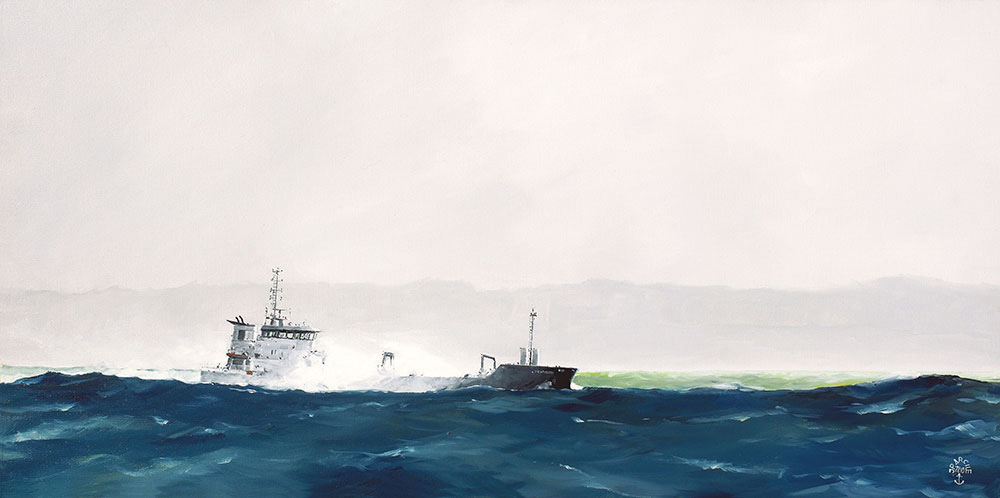 Réf. H-18.001 - Caboteur par vent frais sous Belle-Ile. Huile sur toile 100x50 cm - Col. particulière