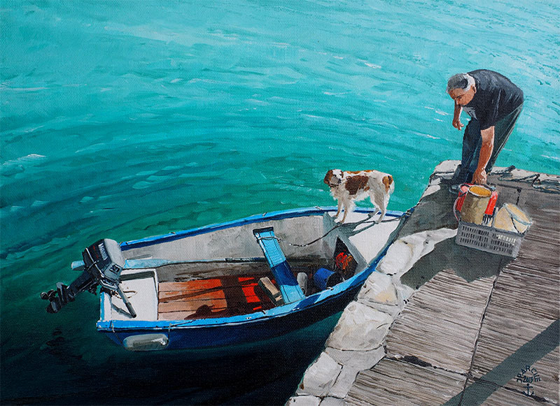 Réf. H-15.045 - Départ pour une petite pêche à la cale du Trech’ - Ile aux Moines. Huile sur toile 46x33 cm - Col. Particulière