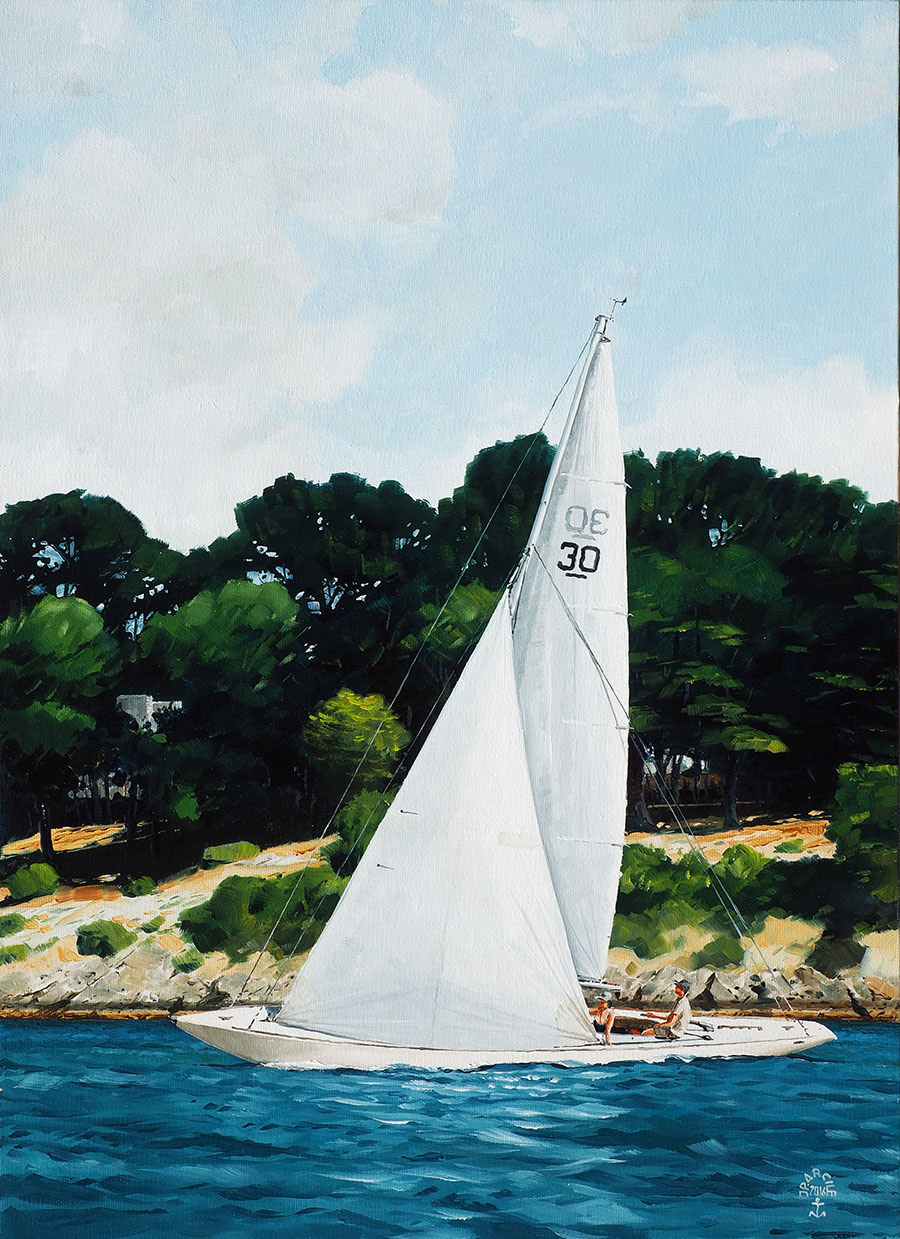 Réf. H-16.031 - Sous voile a passer le Bois d'Amour, Ile aux Moines. Huile sur toile 46x61 cm - 900 €