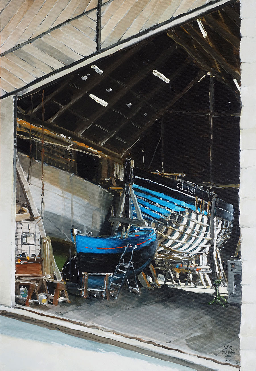 Réf. H-18.008 - Le "Marie-Madeleine à la lumière au Chantier Bernard. St-Vaast-La-Hougue. Huile sur toile 46x65 cm